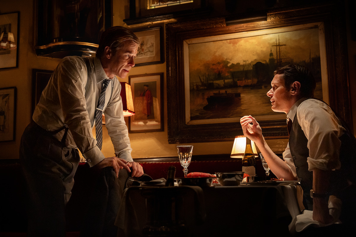 Guy Pearce as Rupert Murdoch and Jack O'Connell as Larry Lamb, facing off over dinner in Danny Boyle's Ink
