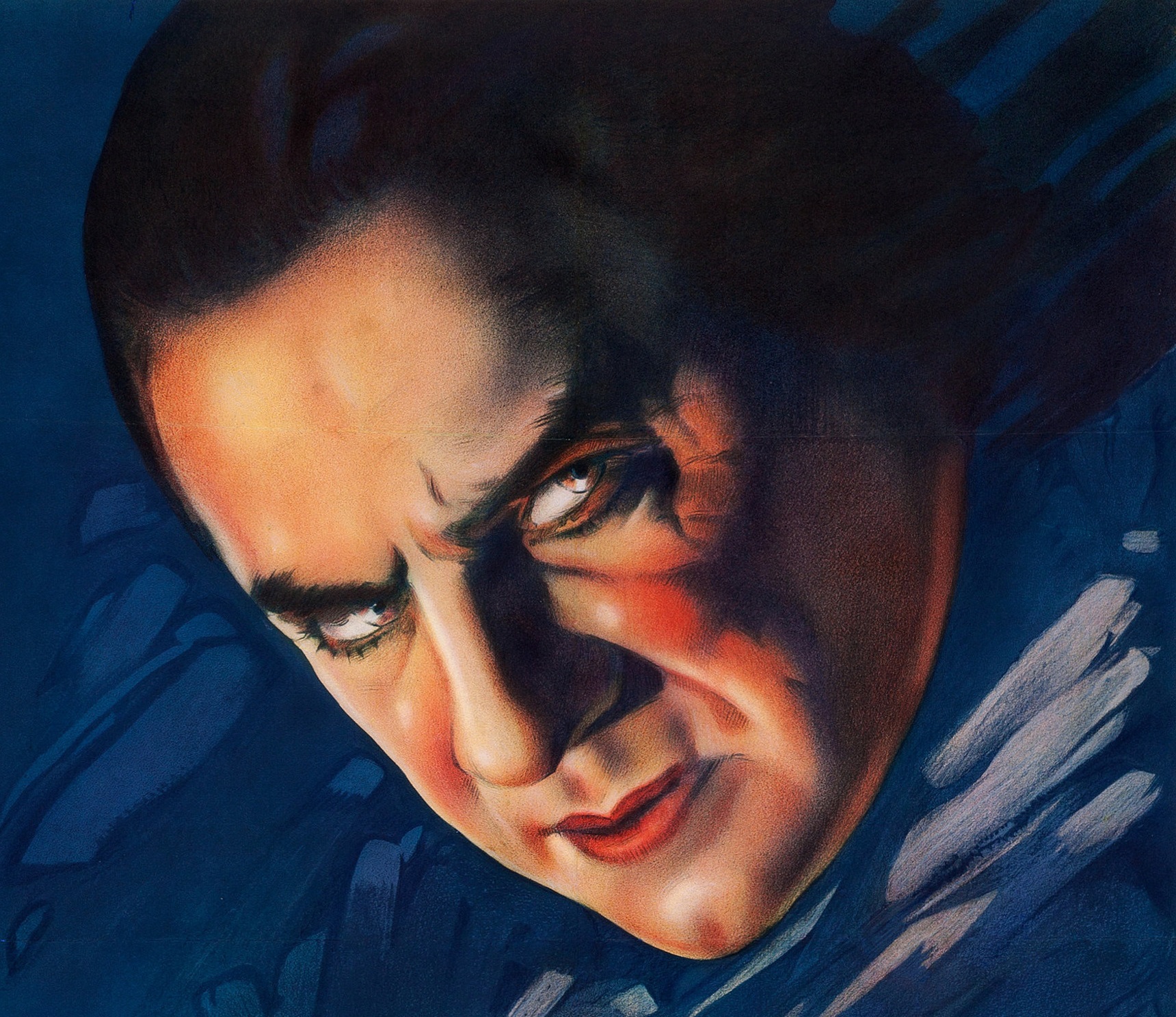 Detail from the 1931 theatrical poster for Dracula, a painted close-up of Bela Lugosi's face in blue and orange