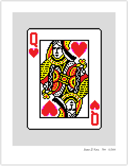 Susan Kare's original pixel-art Queen of Hearts playing card design, signed and numbered in pencil below the print