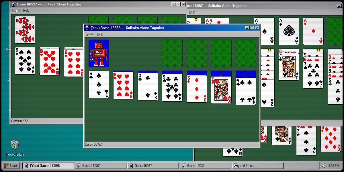 A cluttered Windows 98 desktop with several overlapping Solitaire game windows open at once, each belonging to a different stranger playing at the same time