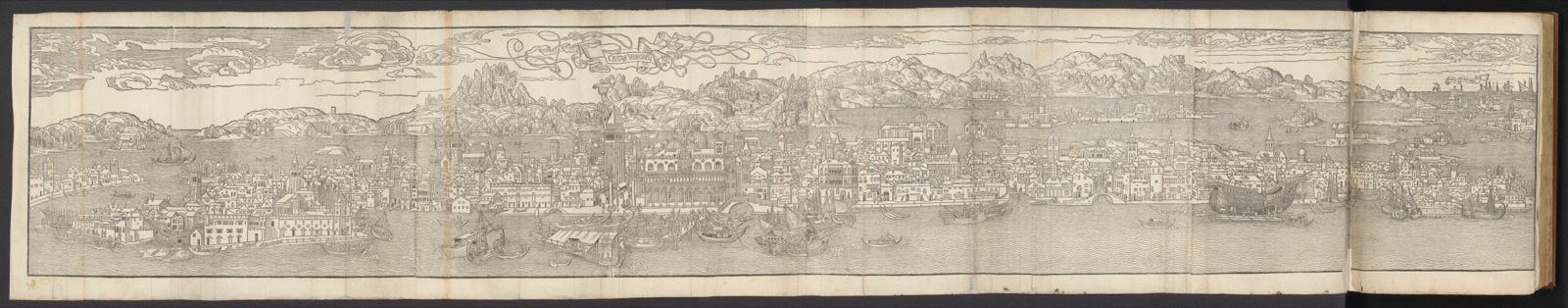 A panoramic 1486 woodcut view of Venice by Erhard Reuwich, showing the city's harbor and skyline as pilgrims bound for the Holy Land would have seen it