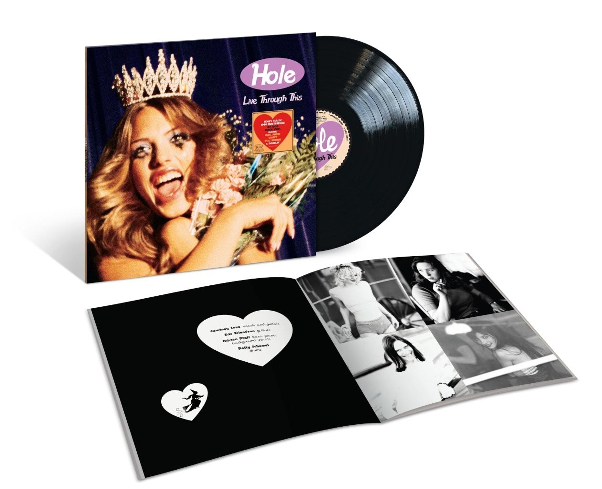The 2026 vinyl reissue of Hole's Live Through This, showing the album jacket, the black vinyl record half out of its sleeve, and the restored gatefold booklet with black-and-white band photos and handwritten liner credits