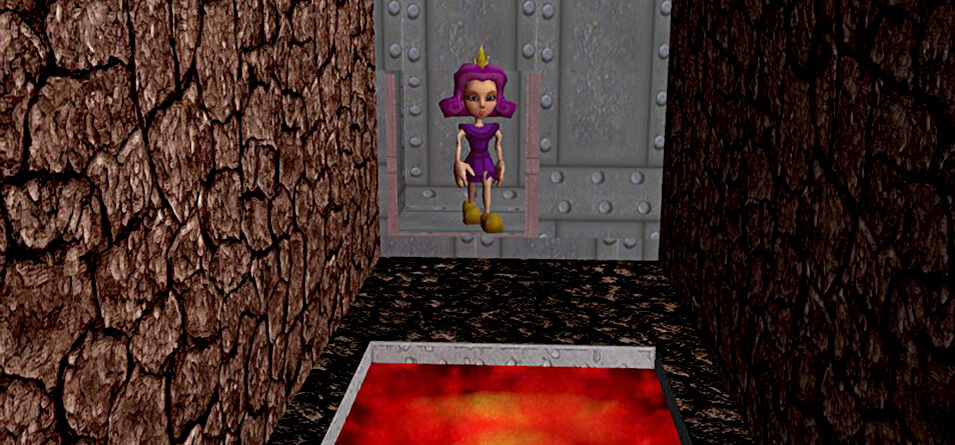A screenshot of the 2005 student game Narbacular Drop, showing a low-poly purple-haired character standing in a stone dungeon corridor next to a glowing orange portal