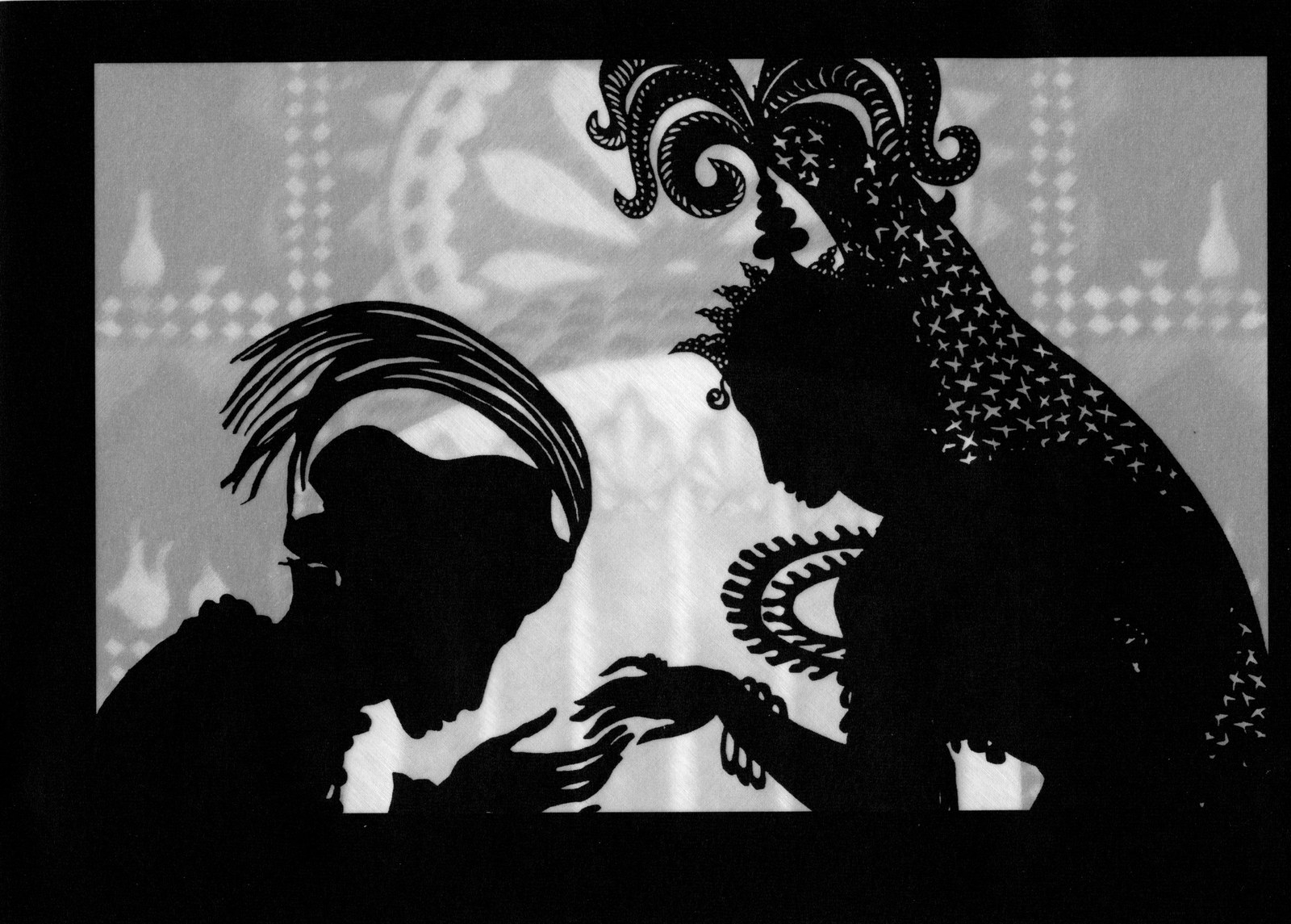 A black cut-paper silhouette of a prince in a feathered turban bending to take the hand of a princess in an ornate star-patterned headdress, against a pale patterned background