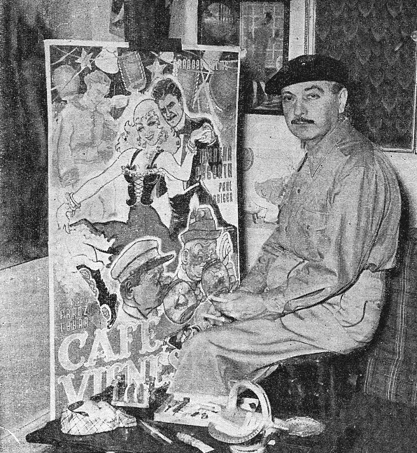 A black-and-white newspaper photo of Quirino Cristiani in a beret and paint-stained smock, seated beside a large hand-drawn film poster