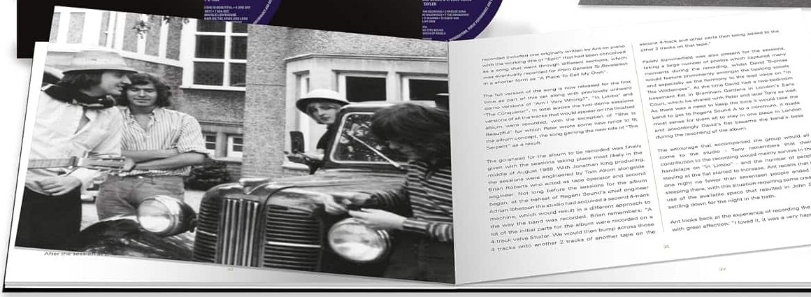 A black-and-white booklet spread: young men outside a building beside an old van, and a column of liner notes about the 1968 recording sessions