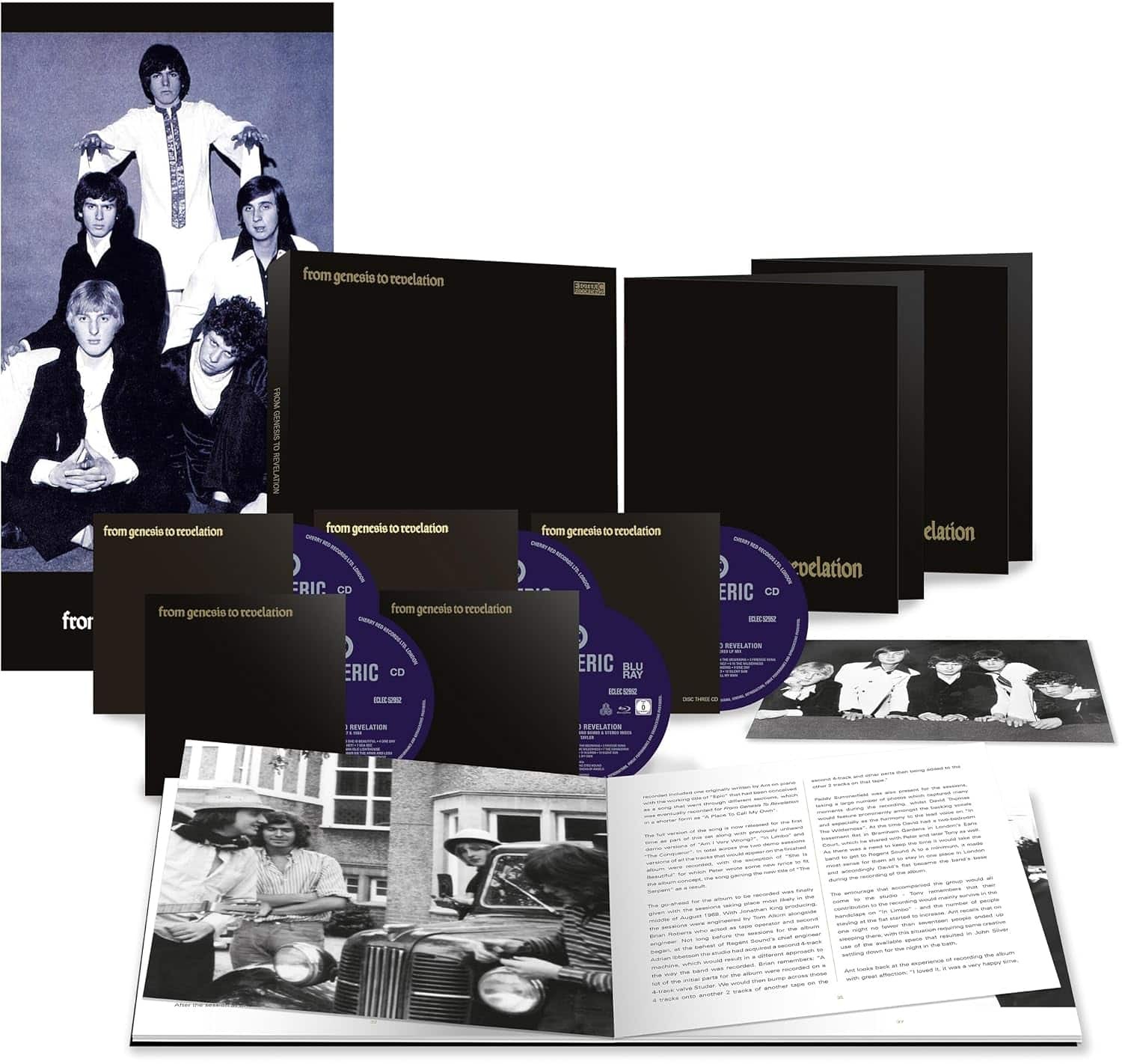 Product photo of the From Genesis to Revelation deluxe box set with five discs, a booklet and a 1968 photo of the five teenage band members