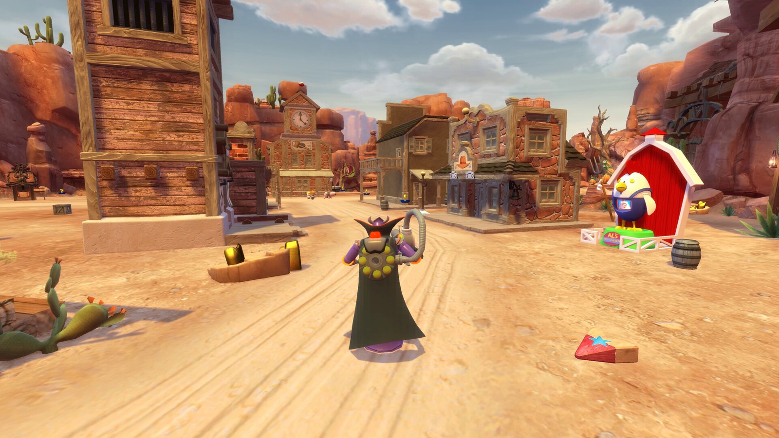 Screenshot of the Toy Story 3 Toy Box town: a dusty Western main street with Zurg standing in the road