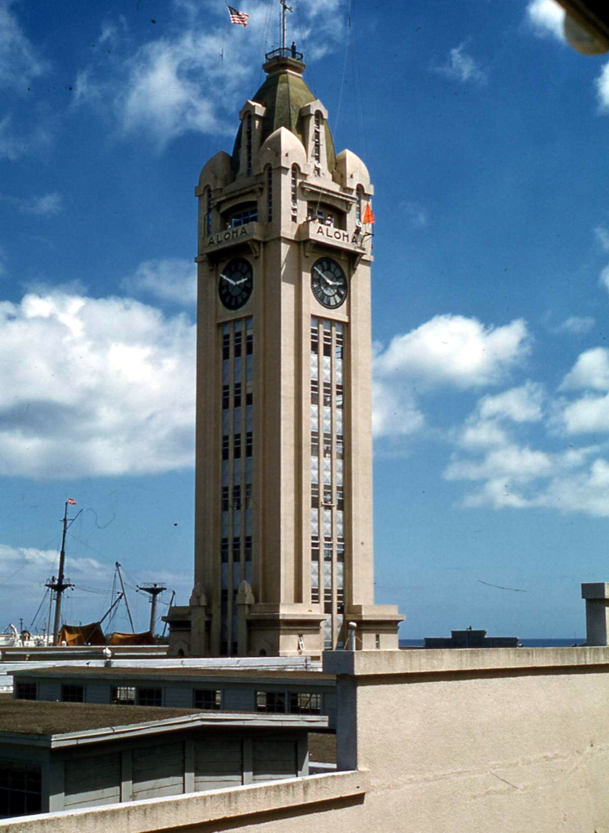 The Aloha Tower in 1959 against a blue sky