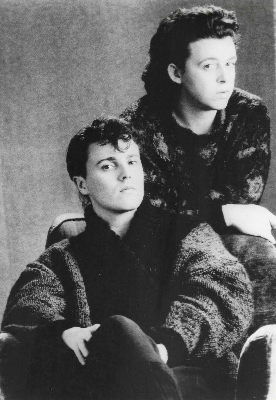 Black and white 1985 publicity photo of Curt Smith and Roland Orzabal of Tears for Fears