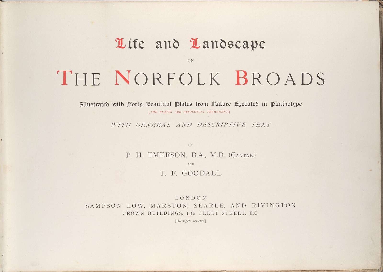 Title page of Life and Landscape on the Norfolk Broads, with red and black lettering