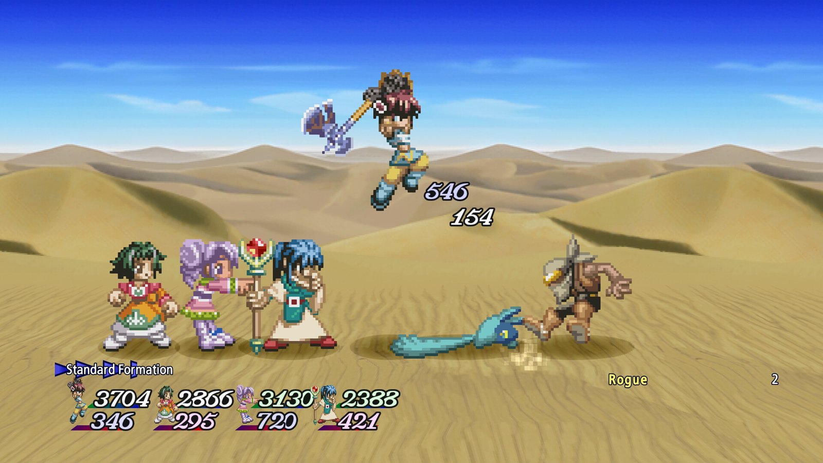 Side-view battle in a desert from Tales of Eternia, four party members facing a monster