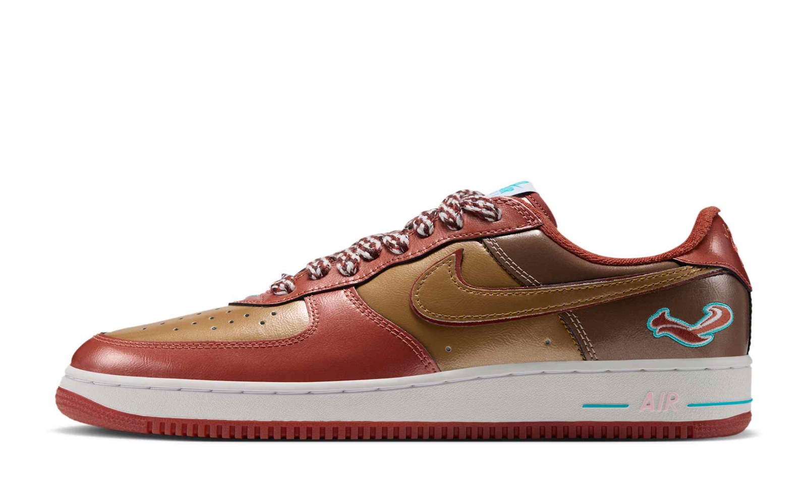 The Nigo x j-hope Nike Air Force 1 '01 in brown, rust and gold leather, side view