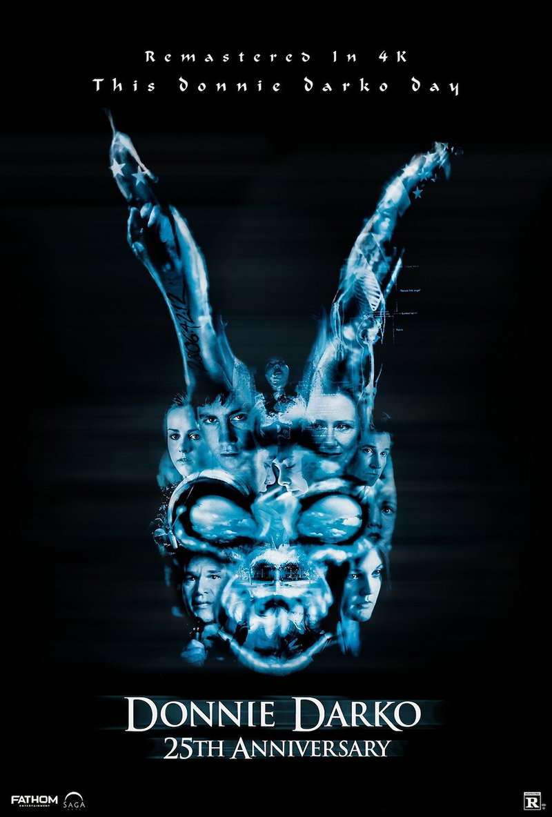 Donnie Darko 25th anniversary poster: a glowing blue rabbit mask made of the cast's faces on black, with the line Remastered in 4K, This Donnie Darko Day