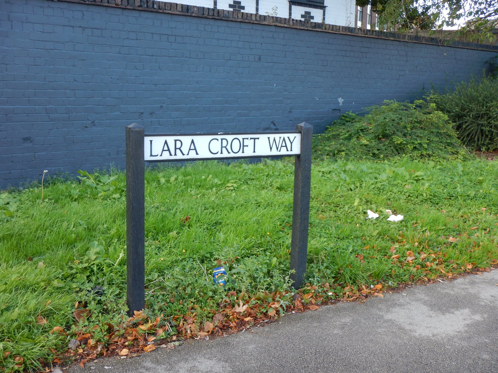 A black-and-white street sign reading Lara Croft Way, on two posts in an overgrown verge in front of a painted brick wall