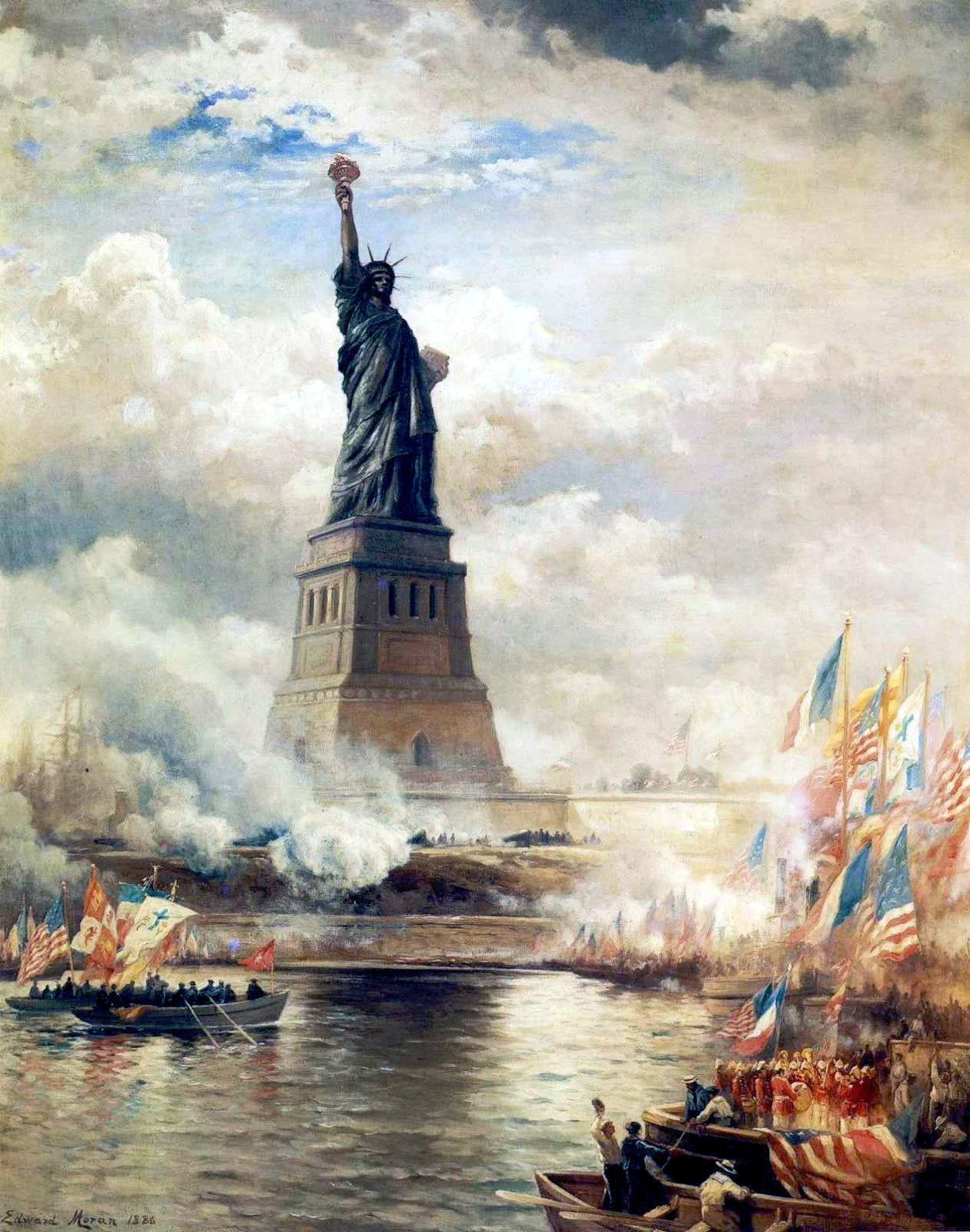 Painting of the Statue of Liberty on her pedestal above a harbour full of flag-covered boats and cannon smoke
