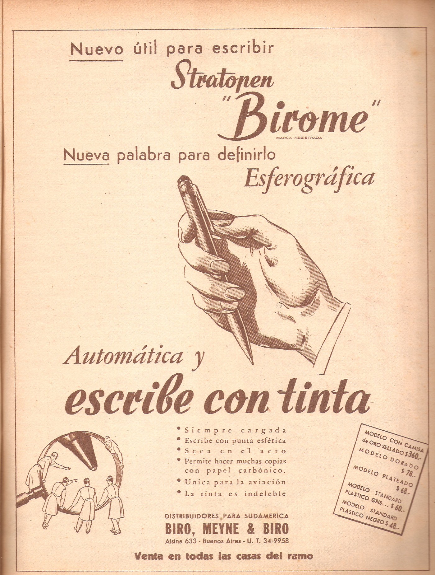 Sepia 1945 Argentine magazine ad for the Stratopen Birome, a hand holding a ballpoint pen, with the line 'Nueva palabra para definirlo: Esferográfica'