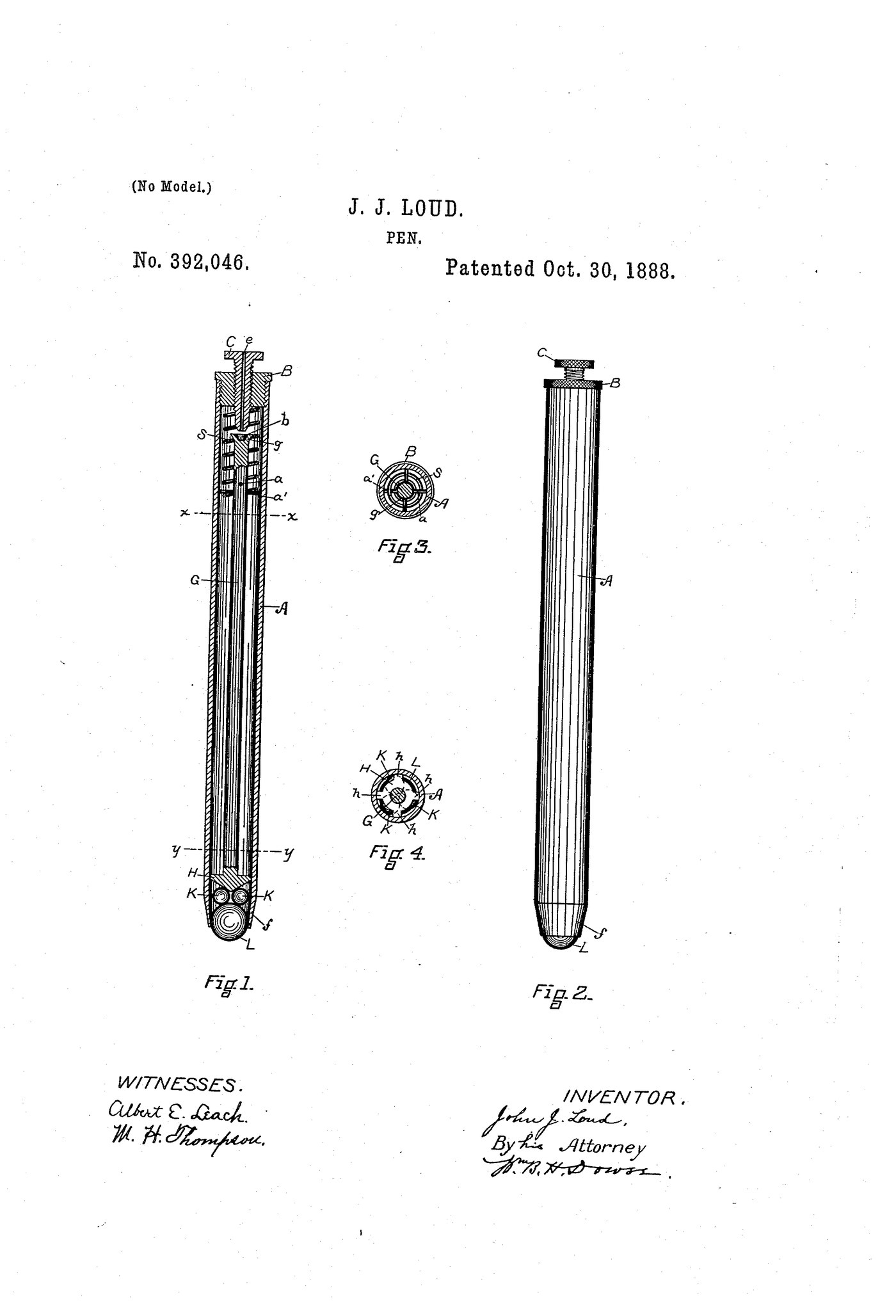 Patent drawing of a slim pen with a ball at its tip, signed J. J. Loud, patented Oct. 30, 1888